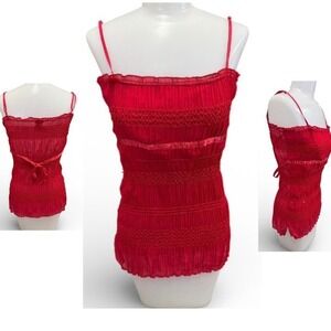 Vanity Size Y2K Red Smocked Ruched Festival Glam Resort Cami Top Sequin M Medium
